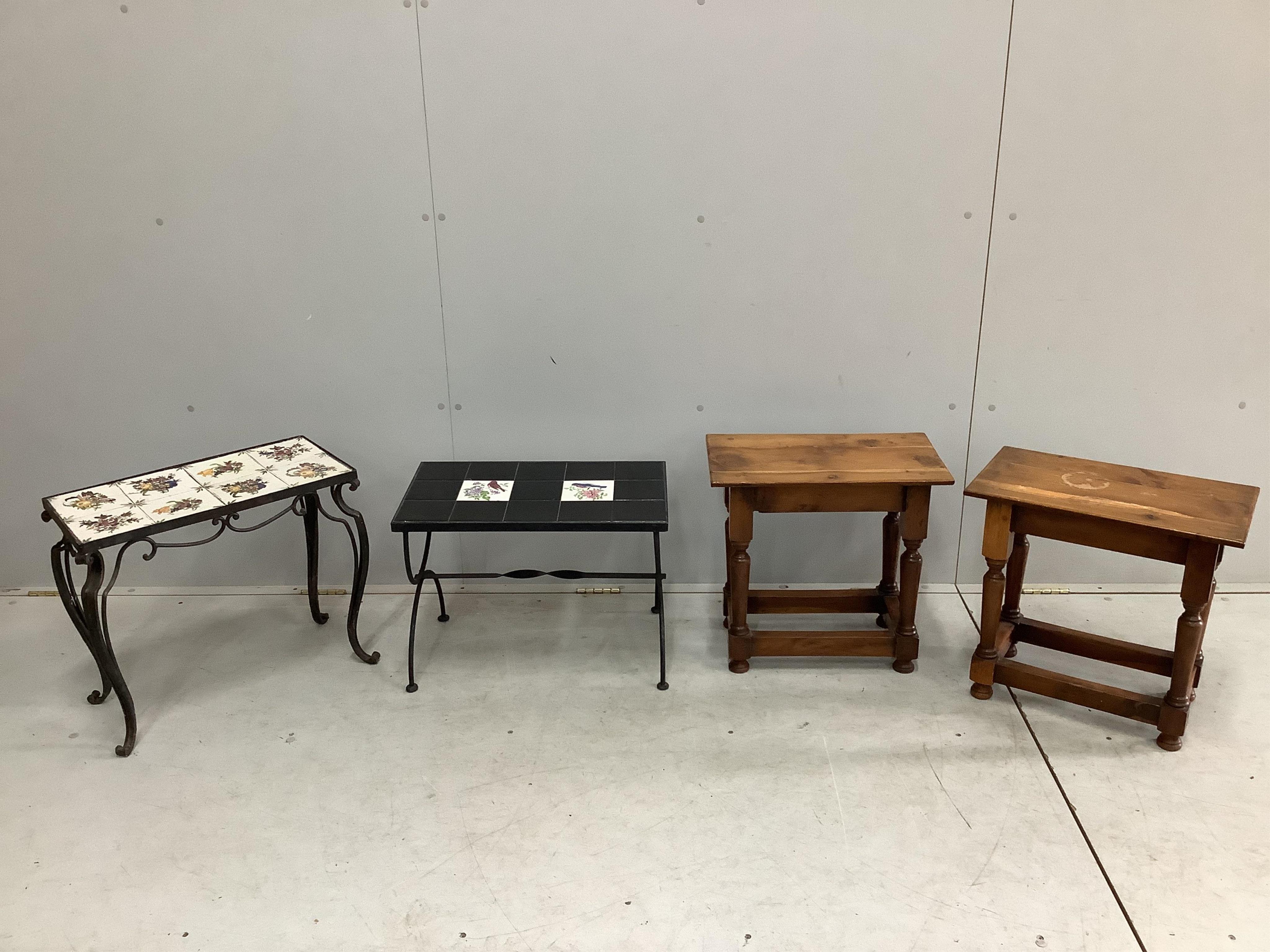 Two mid century wrought iron tiled top coffee tables, larger width 55cm, depth 30cm, height 46cm and a pair of yew joint stools. Condition - fair